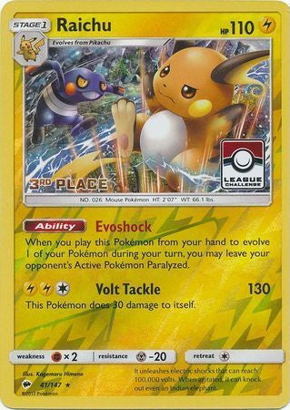 Burning Shadows Holo Raichu #41 Third Place League Promo
